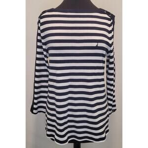 NWT Nautica Women’s Relaxed Fit Striped Boat Neck Blouse – Navy/White – Large